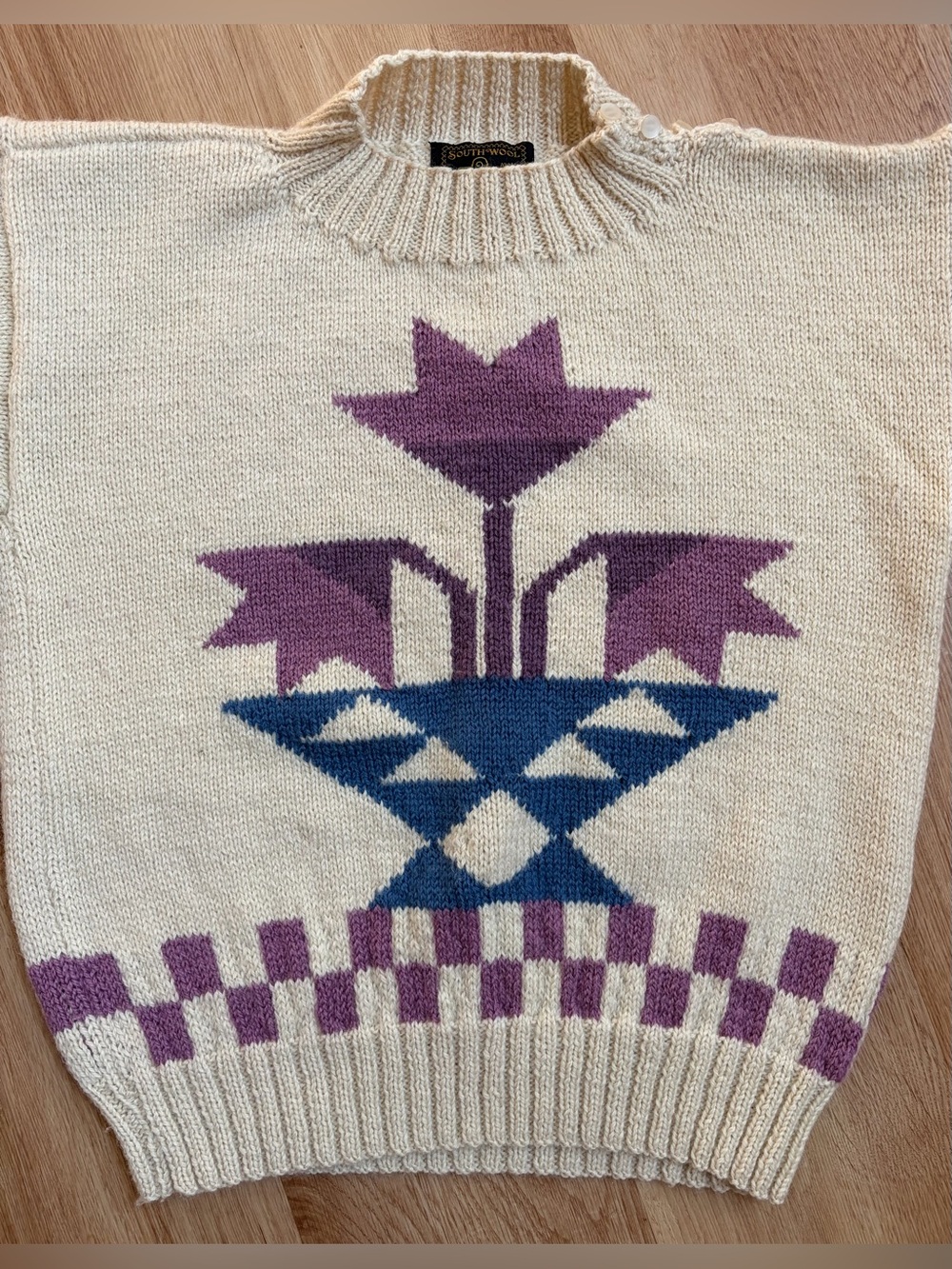 Vintage Wool Sweater Tulip Floral Cream Purple Blue Medium Mock Neck